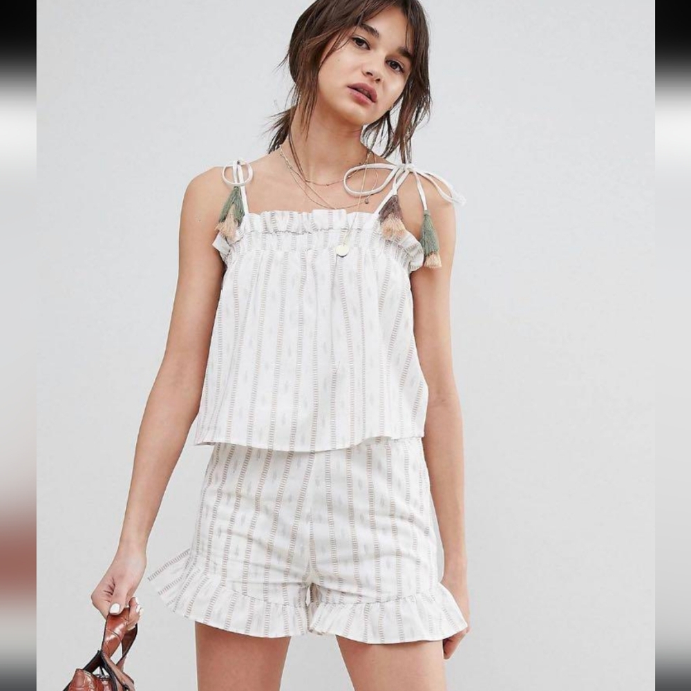 Babydoll Cami Tassle Top and Ruffle Two Piece Shorts Vacation Summer Set SM